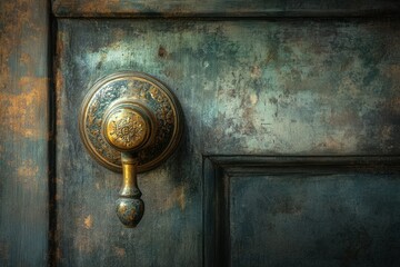 Fototapeta premium Ornate antique brass door handle on a weathered, dark teal door.