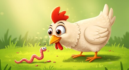 Cartoon chicken curiously eyeing a playful worm on vibrant green grass in sunshine