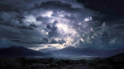Vivid crimson storm clouds electrified with vibrant lightning streaks loom over a vast open plain, evoking surreal turmoil