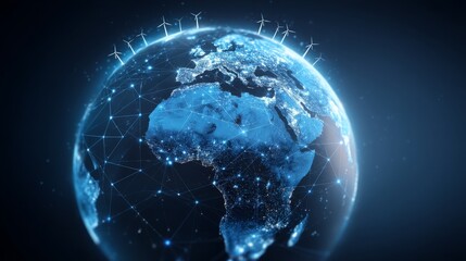 Obraz premium A sustainable future is represented by a glowing holographic globe, which is encompassed by solar panels and wind turbines, all symbolizing renewable energy