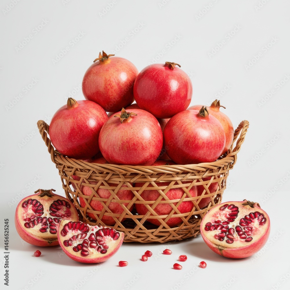 Poster a basket filled with pomegranates and some cut open on a white surface in a studio setting
