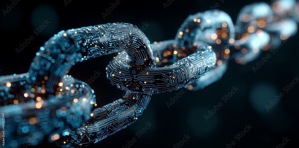 Poster the concept of blockchain technology is represented by a chain resembling a pc circuit board with a 