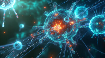 Obraz premium Glowing energy fields enveloping virus during nanobot fusion 