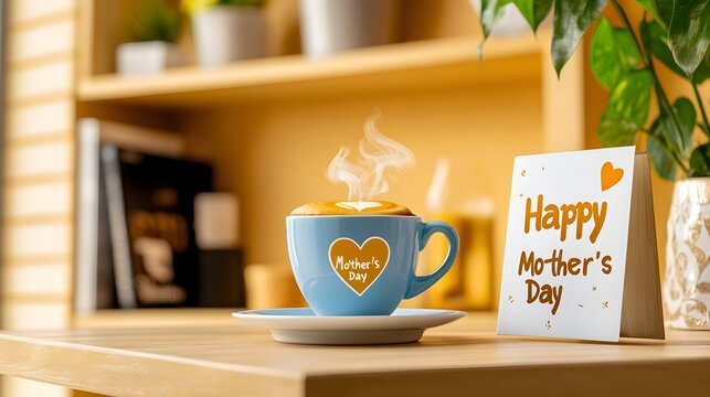 Steaming coffee in a heart-shaped cup sits on a wooden table next to a Mother's Day card, creating a warm and cozy atmosphere