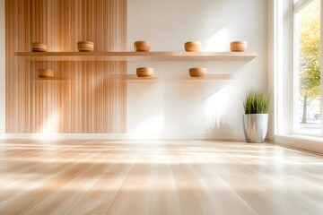 Fototapeta premium Sunlit minimalist room with wooden shelves, bowls, and plant
