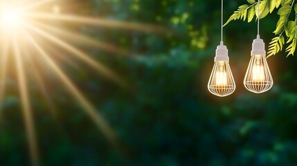 Two illuminated cage-style bulbs hang from a leafy branch, bathed in sunlight against a blurred green backdrop