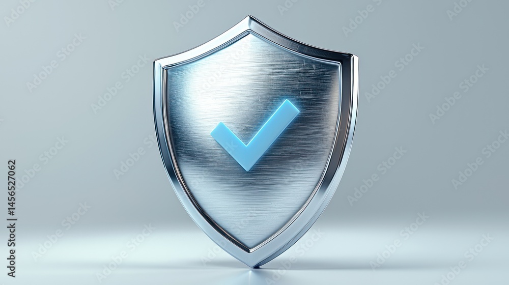Poster metallic shield with a checkmark, symbolizing digital security and data protection