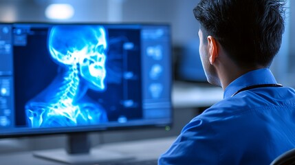 A healthcare professional examines a digital image of the spine on a computer monitor, highlighting cutting-edge medical technology in a contemporary office setting