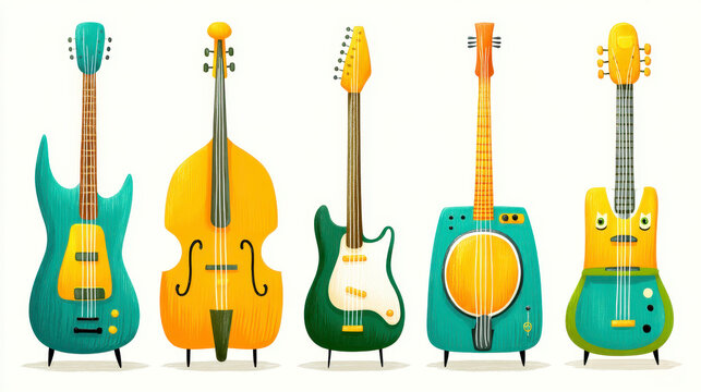 Whimsical Cartoon Illustration of Five Musical Instruments