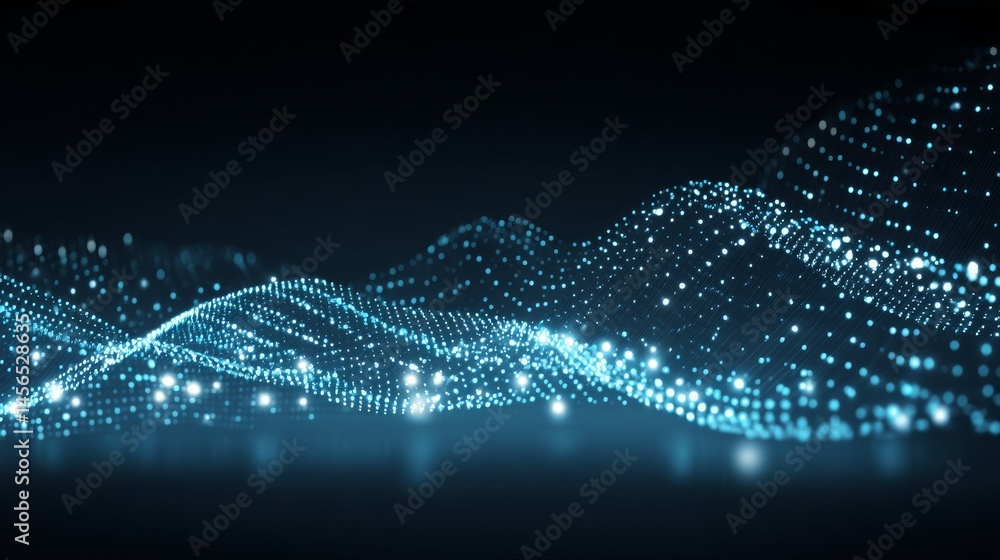 Poster A futuristic digital structure composed of abstract 3D renderings of dots and lines represents complex visual information and intricate data threads that plot stock