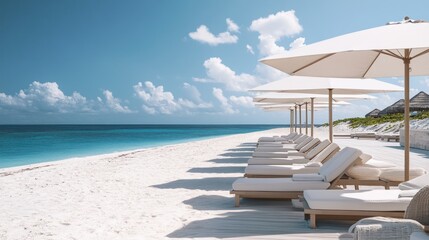 Obraz premium Pristine beach scene with lounge chairs and umbrellas. Tranquil, sun-drenched paradise. Perfect for relaxation