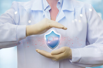 Protection in healthcare with liver icon inside a shield