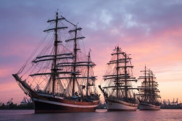 Fototapeta premium At the city pier stood wooden sailing boats set against a surreal purple sky