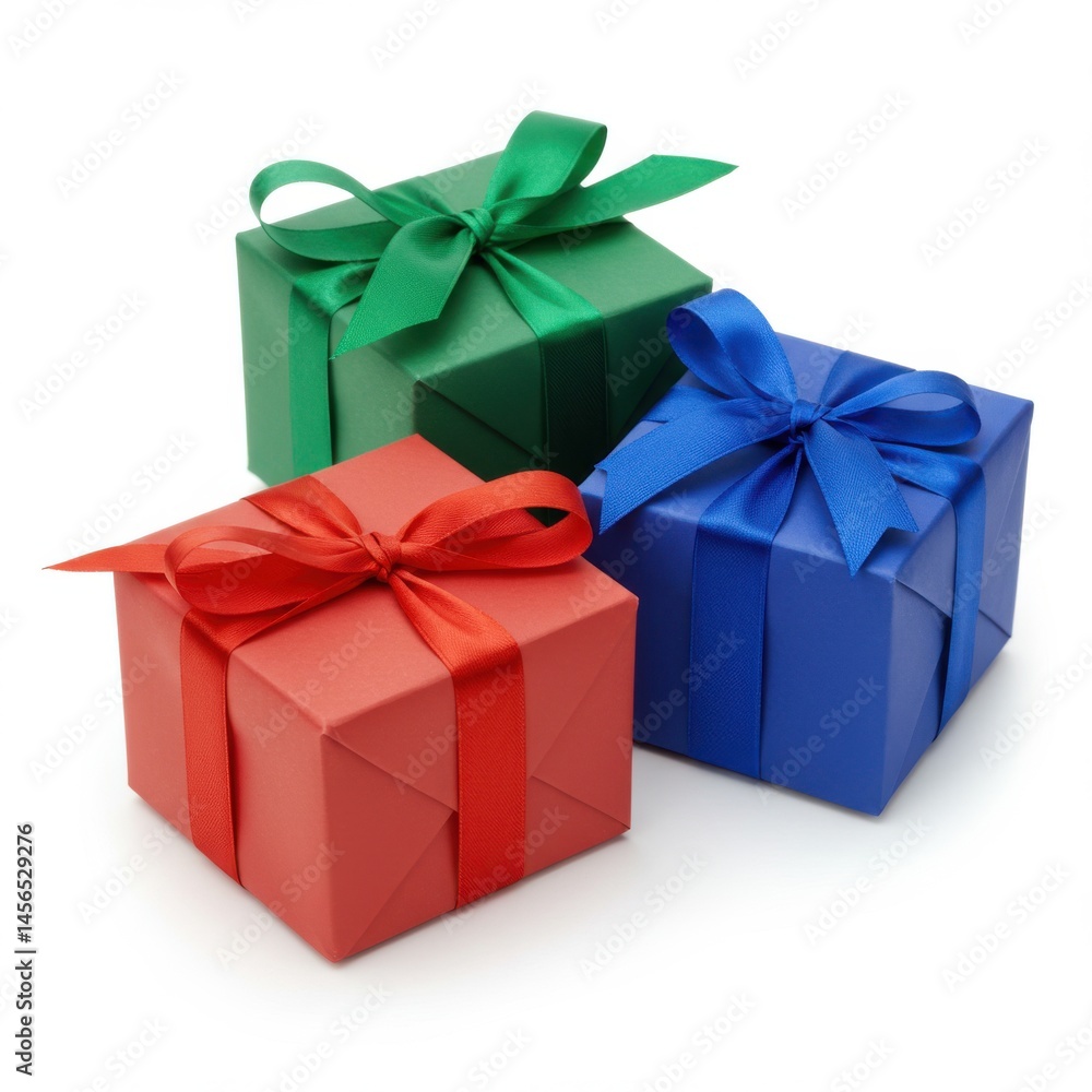 Poster three colorfully wrapped gift boxes with ribbons on a white background in a studio setting view from