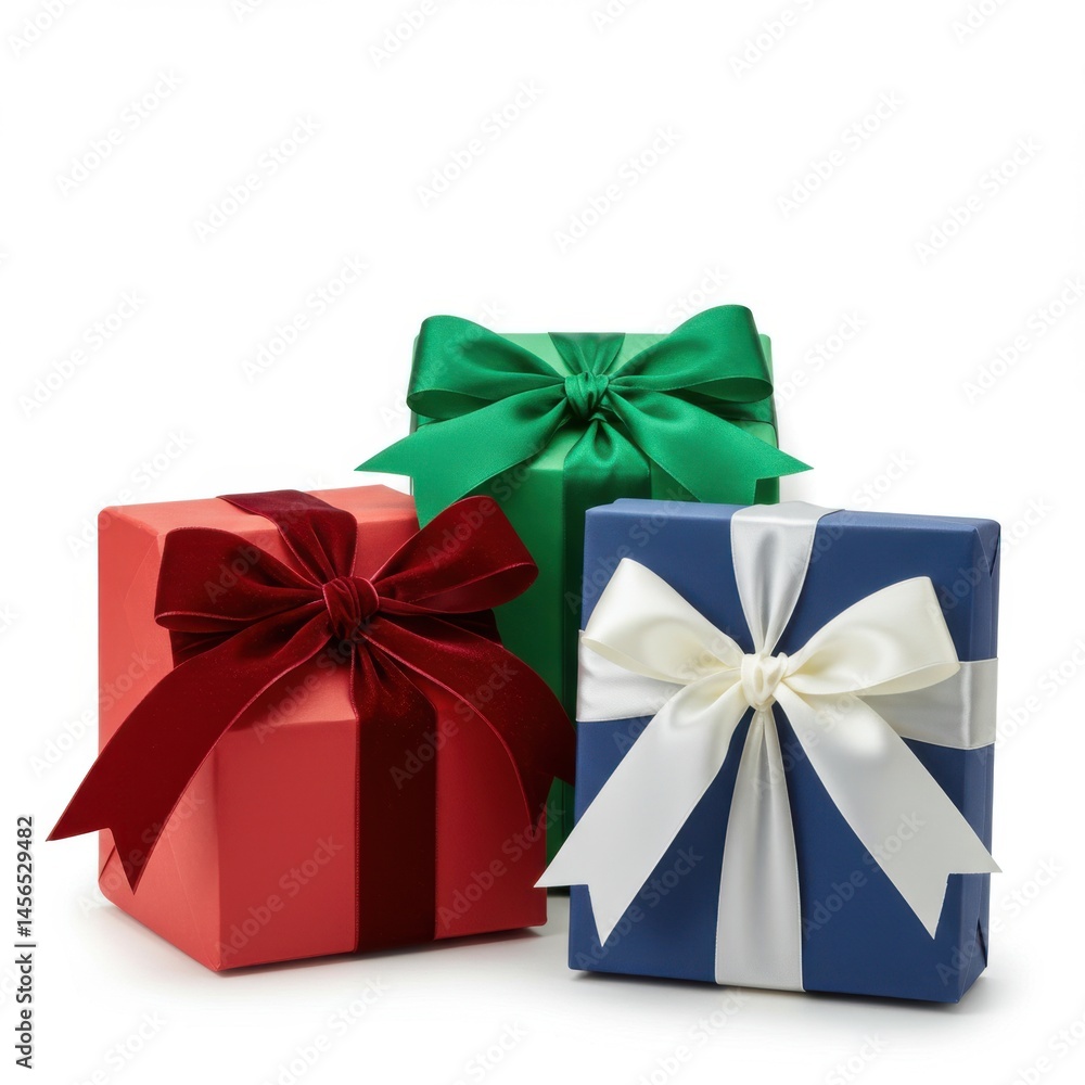 Poster a group of three colorful gift boxes with bows on a white background in a studio setting shot close 