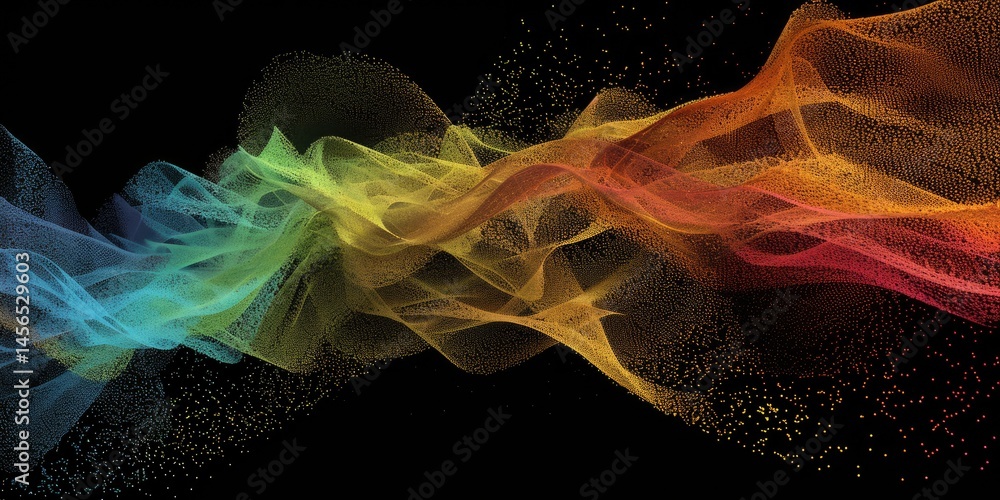 Poster flowing digital waves with glowing particles on a dark background. abstract line art or digital wave