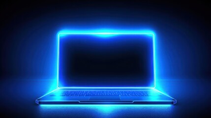 Futuristic laptop with glowing blue neon outline