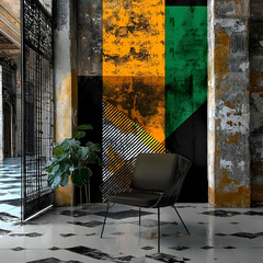 Abstract art mural in urban decay interior; chair, plant; potential interior design inspiration
