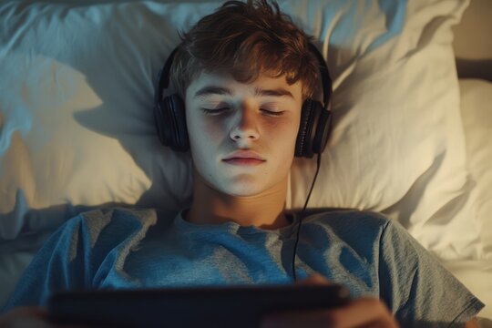 Young man relaxing in bed with tablet and headphones