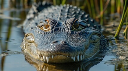 Fototapeta premium Alligator in its natural habitat, immersed in swampy water awaiting prey
