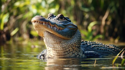 Obraz premium American Alligator basking in the marshland sunlit river habitat
