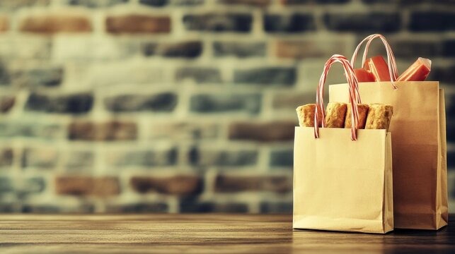 Shopping bags with treats on a wooden table