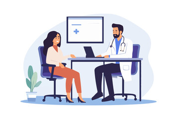 Patient receives medical examination from physician doctor. Consultation with diagnosis and treatment, professional healthcare. Vector illustration