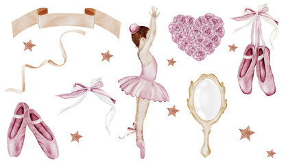 Ballet set watercolor. Hand drawn watercolor ballerina collection. Accessories for dancing girl. Perfect for ballet school, banners and cards © Татьяна Трущелева