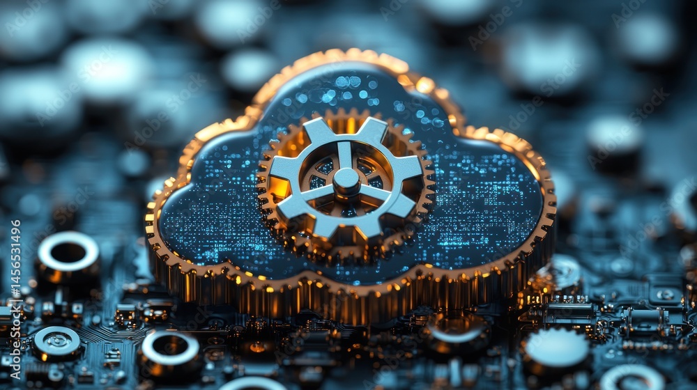 Aufkleber digital illustration of a cloud computing concept. gears and a circuit board depict technology