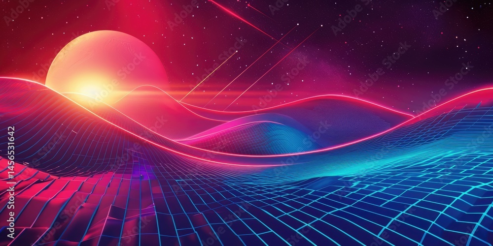 Poster abstract colorful geometric shapes effect on surface of digital cyber design express scene of cybers