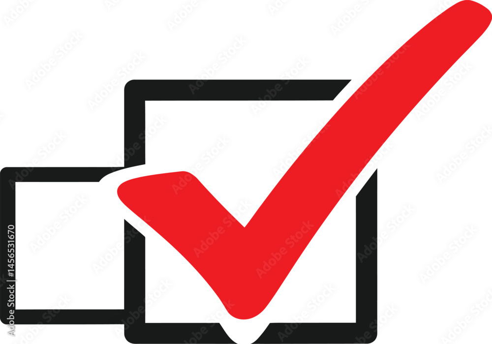 Poster red check mark in black square,tick symbol inside box,approved icon with red check and black outline
