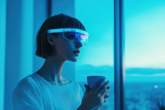 A woman with futuristic glasses gazes out a window, holding a cup, contemplating the city's twilight. - Powered by Adobe