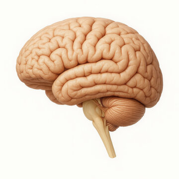 Human brain lateral view 3D render showing cerebrum, cerebellum, and brainstem
