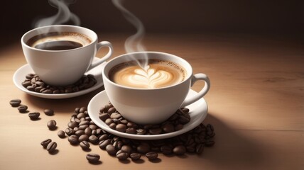 Obraz premium Hot Espresso with Swirl Art Surrounded by Coffee Beans – Realistic Beverage Concept
