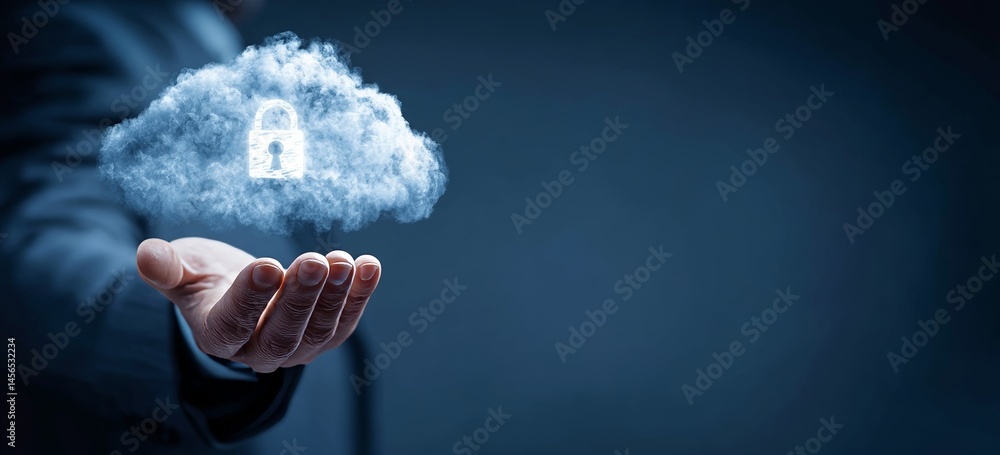Poster cloud computing data and security on global networking are being held by a man, symbolizing cloud te