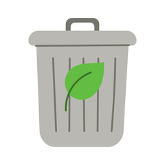 A trash can with a leaf on it. The leaf is green and is on top of the trash can