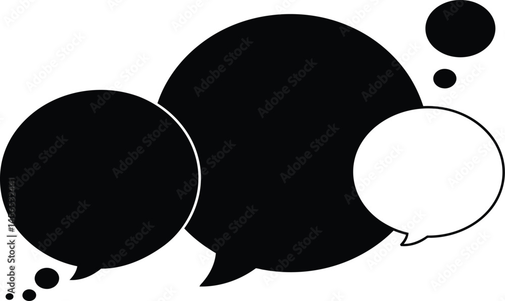 Poster overlapping black and white speech bubbles, conversation cloud with empty and filled shapes, dialogu