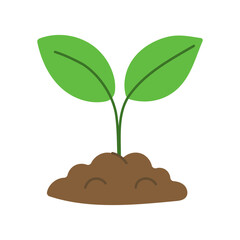 A cartoon drawing of a plant with two leaves and a stem. The leaves are green and the stem is brown. The plant is growing in the dirt
