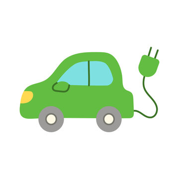A green car with a plug in the back. The car is drawing power from the plug