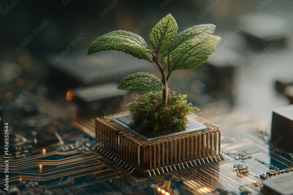 Poster the fusion of technology and nature is exemplified by a plant sprouting from a computer processor, h
