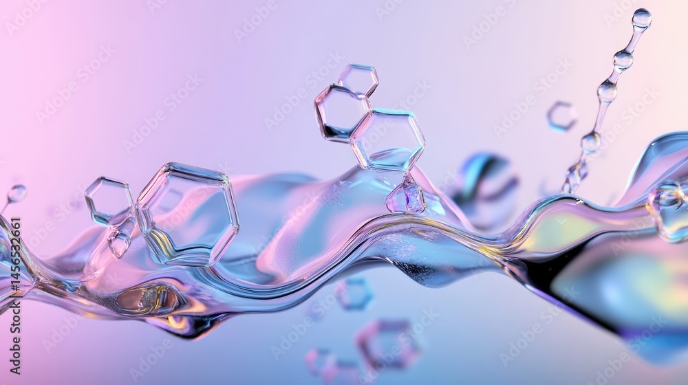 Poster subtle gradient in medical colors with hexagonal molecules and flowing lines, futuristic design