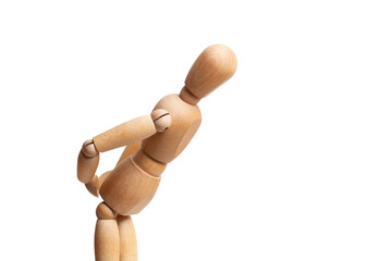 A wooden mannequin touching his waist on white background with copy space