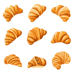 My Simple flat 2D illustration of a croissant set collection isolated on a transparent background, EPS Format, vector, flat design, animation design, simple flat 2D