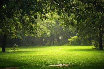 Rainfall nurturing green lawn and trees