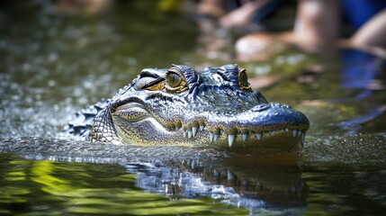 Obraz premium Alligator emerging from water, menacing teeth and captivating eyes, still