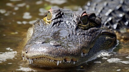 Obraz premium Detailed close-up portrait of an alligator partially submerged in murky water