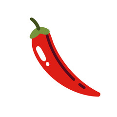 Bright red chili pepper with green stem in minimal flat style. Hot spicy vegetable for food menu design, culinary labels, or cooking apps. Vector illustration
