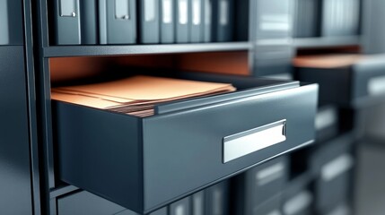 A detailed closeup image of an office file cabinet drawer showcasing neatly organized documents inside