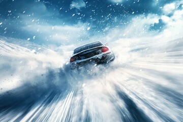 High-speed snow rally car on icy track