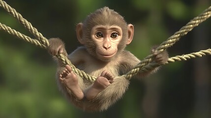 Baby monkey swinging on ropes